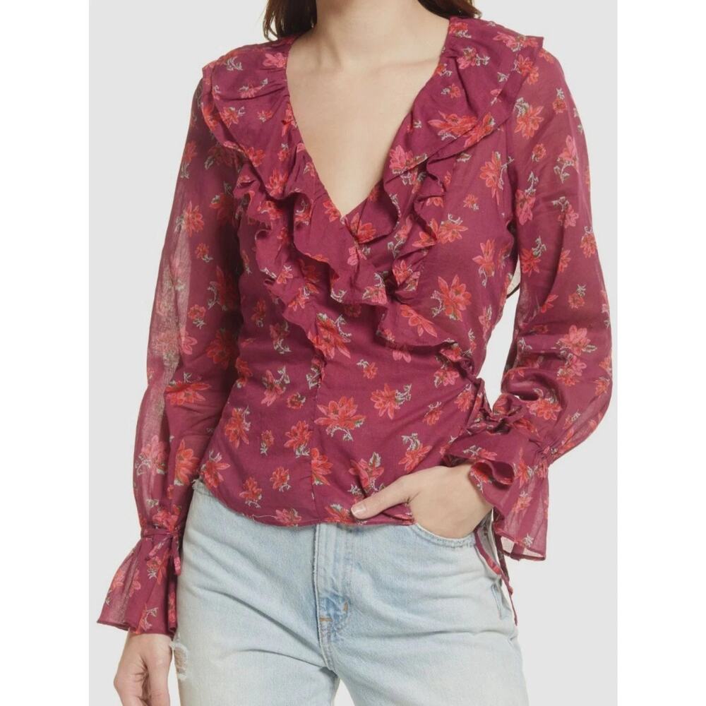 Free People Amanda Ruffle Wrap Blouse Womens XL Floral Tie Front Sheer Boho